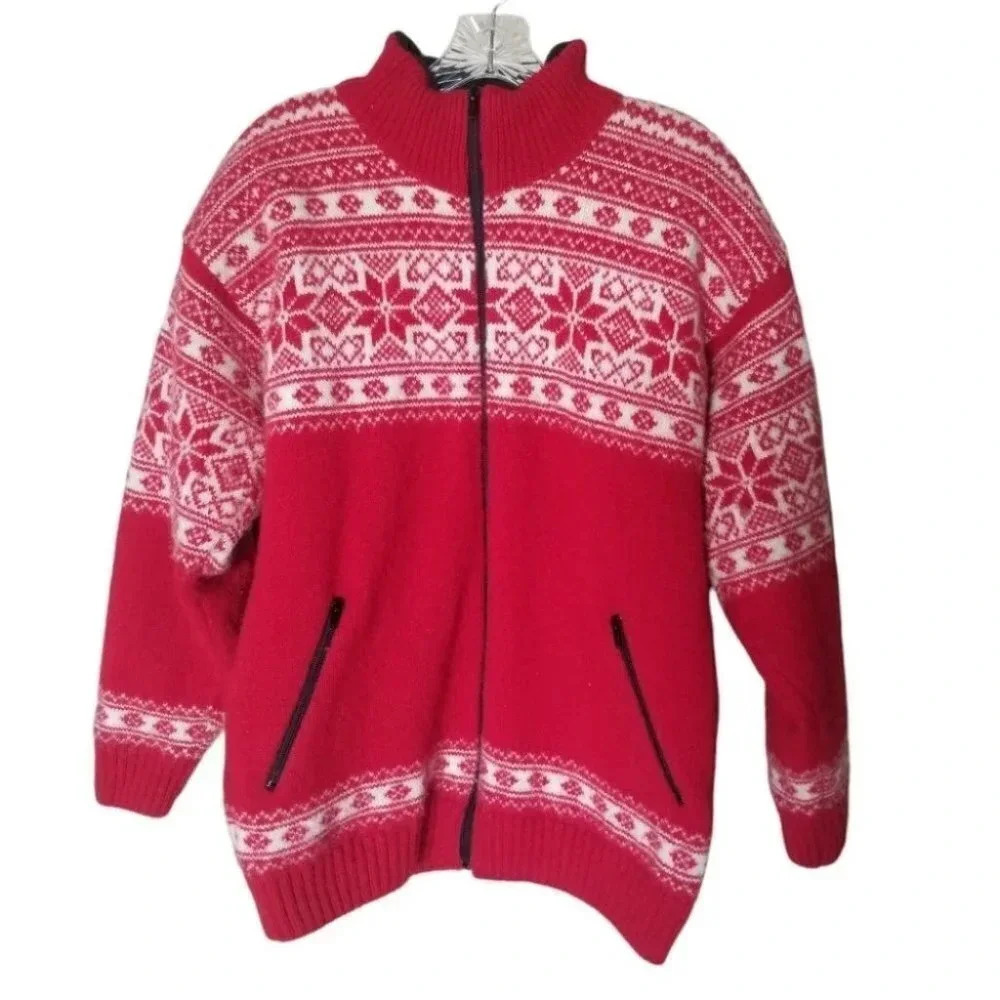 ESKIMO Fair Isle Norway Wool Red White Jacket Lined L